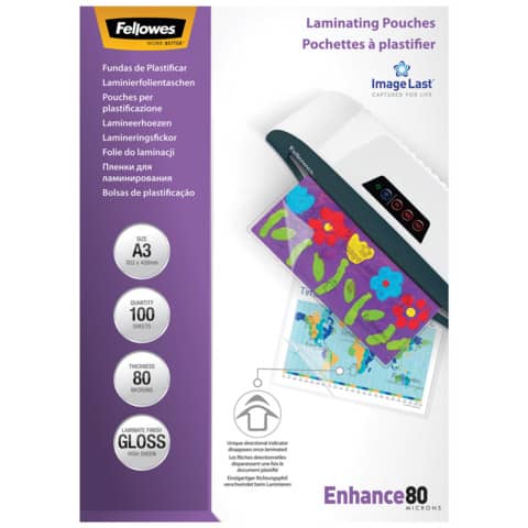 Pouches per plastificatrici Fellowes ImageLast Enhance80 finitura lucida - 2x80 µm - A3 - Conf. 100 pezzi - 5306207